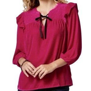 Cato Womens Peasant Top Dark Pink Velvet Ruffled Smocked Tie Neck XL